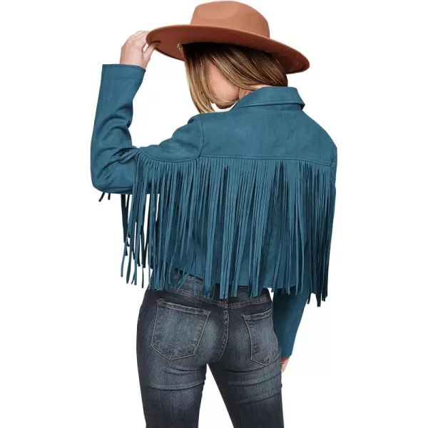 imagePRETTYGARDEN Womens Fringe Faux Suede Leather Jackets 2023 Fashion Tassel Motorcycle Cropped CoatsLake Blue