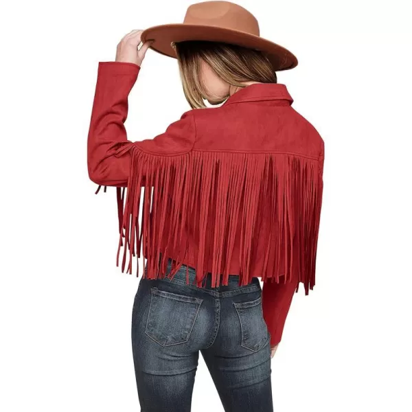 imagePRETTYGARDEN Womens Fringe Faux Suede Leather Jackets 2023 Fashion Tassel Motorcycle Cropped CoatsRed