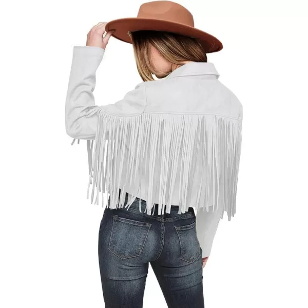 imagePRETTYGARDEN Womens Fringe Faux Suede Leather Jackets 2023 Fashion Tassel Motorcycle Cropped CoatsWhite