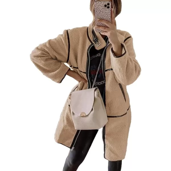 imagePRETTYGARDEN Womens Full Zip Fleece Jacket Long Sleeve Lapel Warm Winter Sherpa Coat With PocketsBeige Apricot