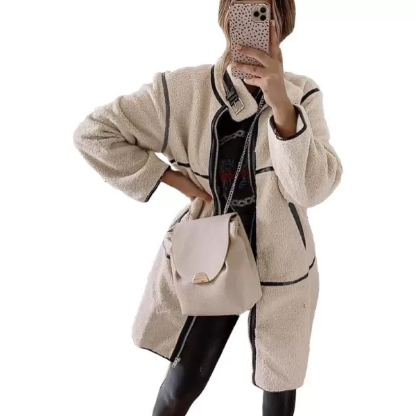 imagePRETTYGARDEN Womens Full Zip Fleece Jacket Long Sleeve Lapel Warm Winter Sherpa Coat With PocketsKhaki