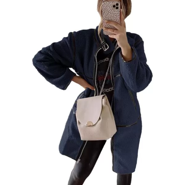 imagePRETTYGARDEN Womens Full Zip Fleece Jacket Long Sleeve Lapel Warm Winter Sherpa Coat With PocketsNavy