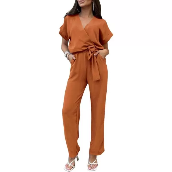 imagePRETTYGARDEN Womens Jumpsuit Casual Short Sleeve Wrap V Neck Belted Wide Leg PantsCaramel
