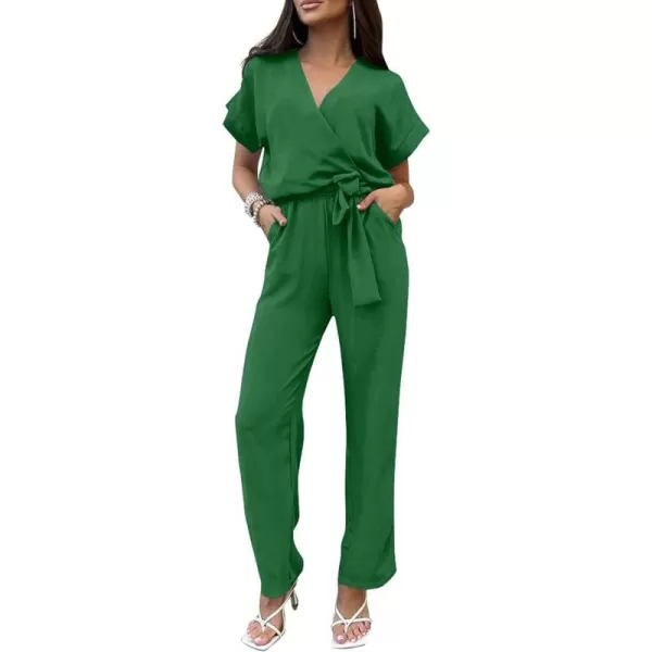 imagePRETTYGARDEN Womens Jumpsuit Casual Short Sleeve Wrap V Neck Belted Wide Leg PantsGreen