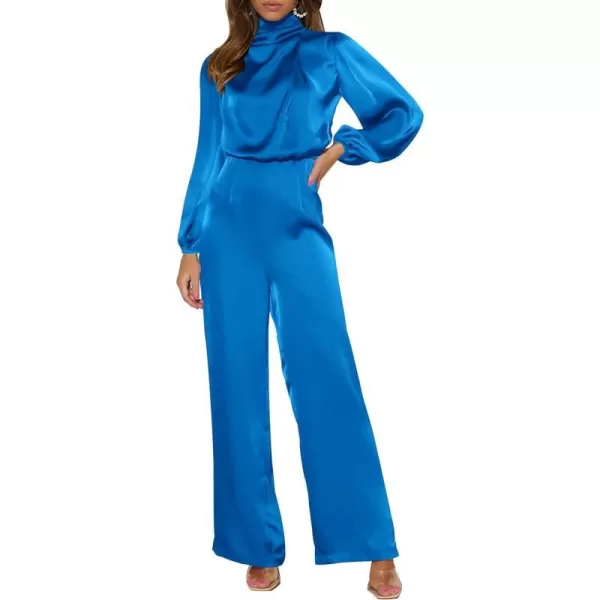imagePRETTYGARDEN Womens Jumpsuits 2023 Fall Fashion One Piece Outfits Dressy Casual Satin Long Sleeve Mock Neck Wide Leg RomperBrilliant Blue