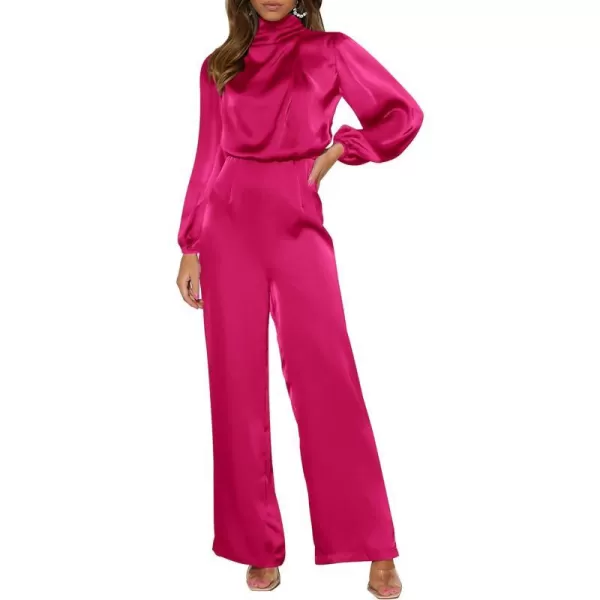 imagePRETTYGARDEN Womens Jumpsuits 2023 Fall Fashion One Piece Outfits Dressy Casual Satin Long Sleeve Mock Neck Wide Leg RomperRose Red