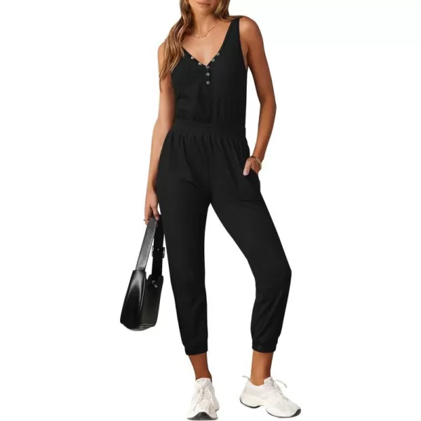 imagePRETTYGARDEN Womens Jumpsuits 2024 Summer Casual Sleeveless Elastic Waist Stretchy Ribbed Knit Long Rompers With PocketBlack