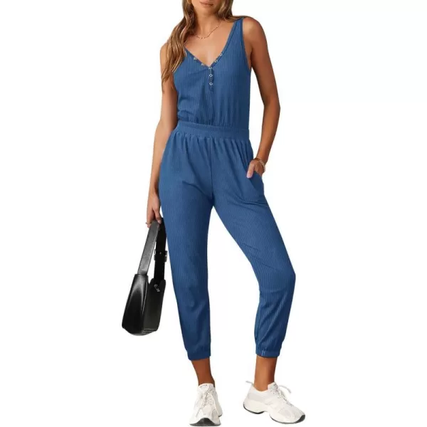 imagePRETTYGARDEN Womens Jumpsuits 2024 Summer Casual Sleeveless Elastic Waist Stretchy Ribbed Knit Long Rompers With PocketDark Blue