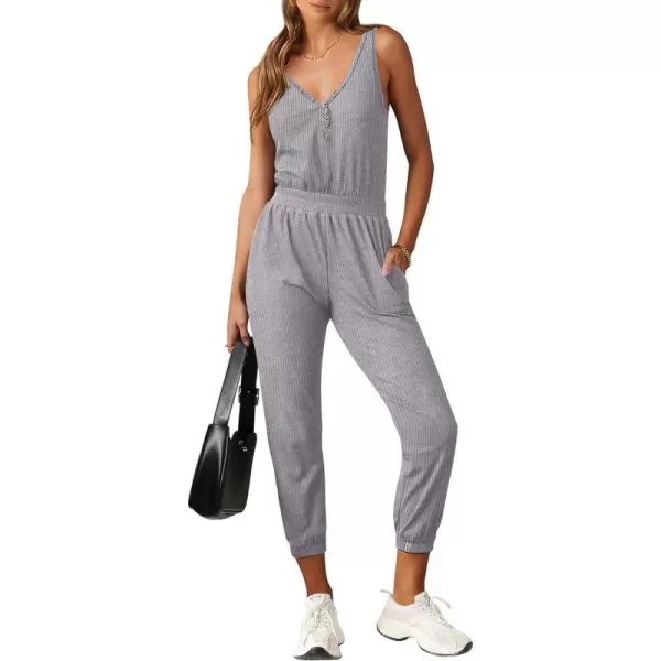imagePRETTYGARDEN Womens Jumpsuits 2024 Summer Casual Sleeveless Elastic Waist Stretchy Ribbed Knit Long Rompers With PocketGrey