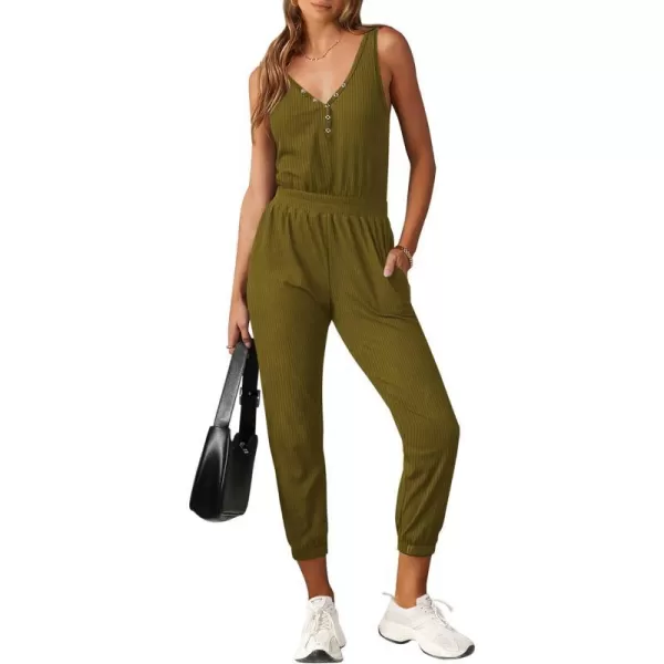 imagePRETTYGARDEN Womens Jumpsuits 2024 Summer Casual Sleeveless Elastic Waist Stretchy Ribbed Knit Long Rompers With PocketMustard Green