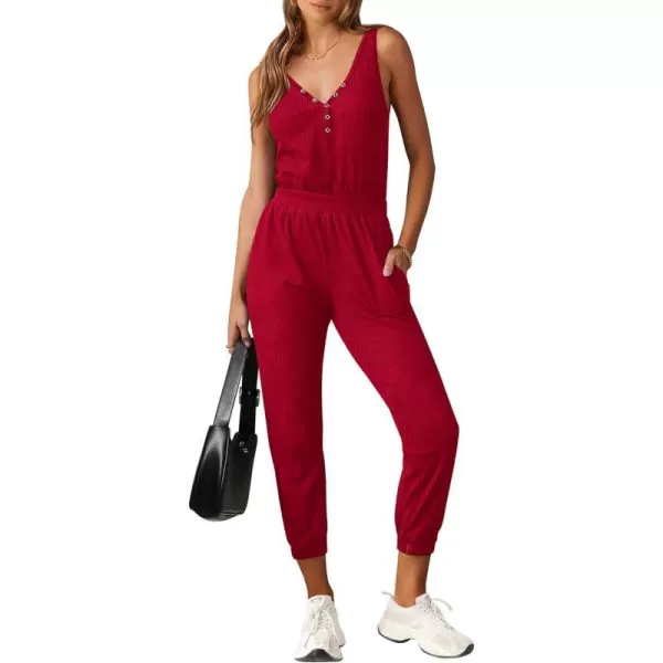 imagePRETTYGARDEN Womens Jumpsuits 2024 Summer Casual Sleeveless Elastic Waist Stretchy Ribbed Knit Long Rompers With PocketRed