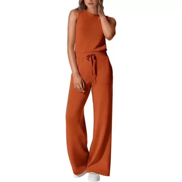 imagePRETTYGARDEN Womens Jumpsuits Summer Casual One Piece Outfits Sleeveless Wide Leg Long Pants RompersBrick Red