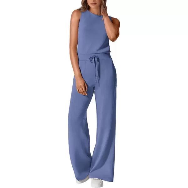 imagePRETTYGARDEN Womens Jumpsuits Summer Casual One Piece Outfits Sleeveless Wide Leg Long Pants RompersHaze Blue