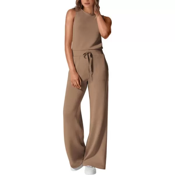 imagePRETTYGARDEN Womens Jumpsuits Summer Casual One Piece Outfits Sleeveless Wide Leg Long Pants RompersKhaki