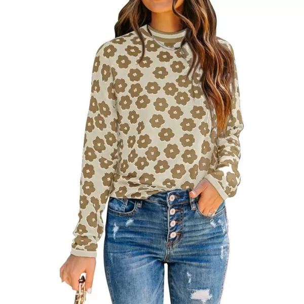 imagePRETTYGARDEN Womens Knit Sweater Casual Crewneck Long Sleeve Floral Print Lightweight Pullover SweatshirtApricot Brown Flower