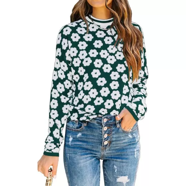 imagePRETTYGARDEN Womens Knit Sweater Casual Crewneck Long Sleeve Floral Print Lightweight Pullover SweatshirtArmy Green