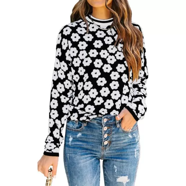 imagePRETTYGARDEN Womens Knit Sweater Casual Crewneck Long Sleeve Floral Print Lightweight Pullover SweatshirtBlack