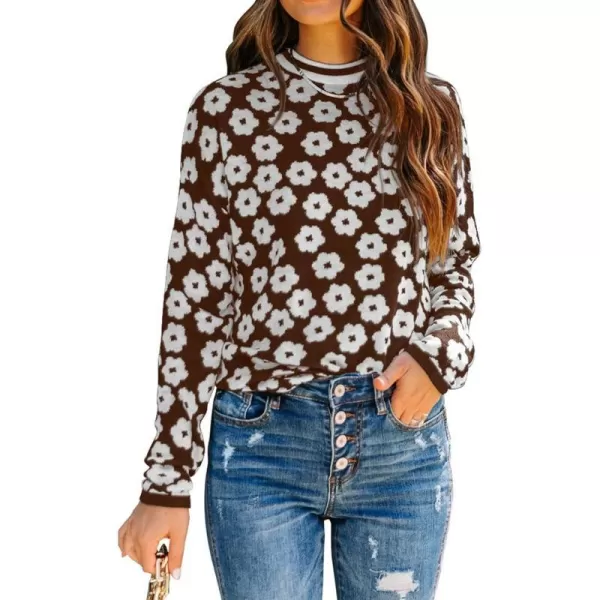 imagePRETTYGARDEN Womens Knit Sweater Casual Crewneck Long Sleeve Floral Print Lightweight Pullover SweatshirtCoffee