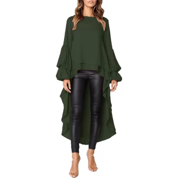 imagePRETTYGARDEN Womens Lantern Long Sleeve Round Neck High Low Asymmetrical Irregular Hem Casual Tops Blouse Shirt DressArmy Green