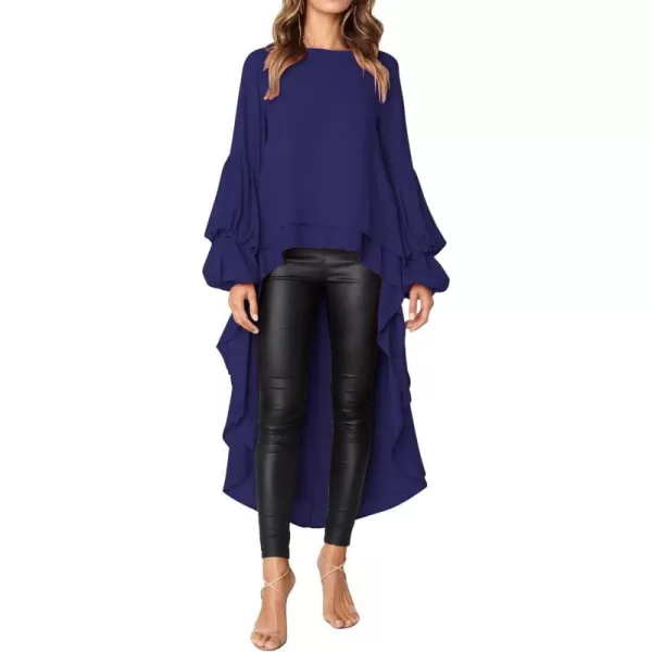 imagePRETTYGARDEN Womens Lantern Long Sleeve Round Neck High Low Asymmetrical Irregular Hem Casual Tops Blouse Shirt DressBlue