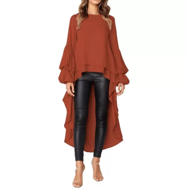 imagePRETTYGARDEN Womens Lantern Long Sleeve Round Neck High Low Asymmetrical Irregular Hem Casual Tops Blouse Shirt DressBrick Red