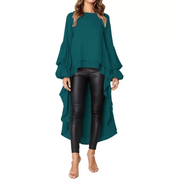 imagePRETTYGARDEN Womens Lantern Long Sleeve Round Neck High Low Asymmetrical Irregular Hem Casual Tops Blouse Shirt DressDark Green