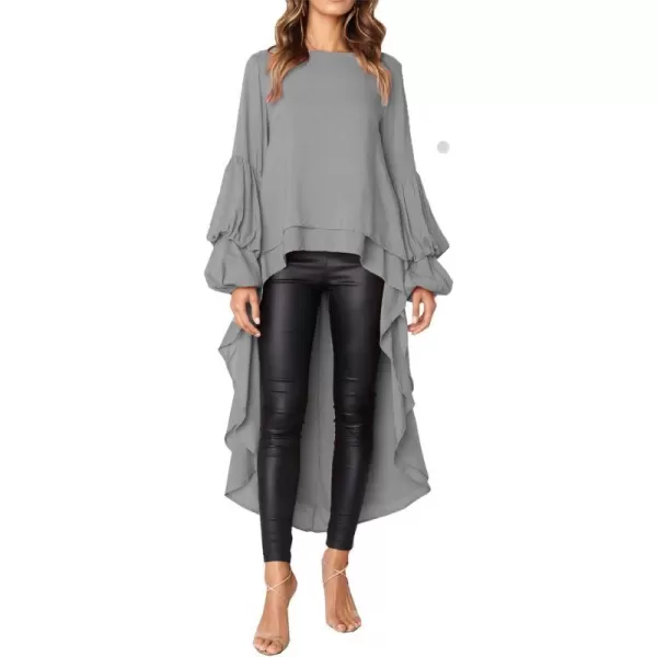 imagePRETTYGARDEN Womens Lantern Long Sleeve Round Neck High Low Asymmetrical Irregular Hem Casual Tops Blouse Shirt DressGrey