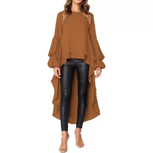 imagePRETTYGARDEN Womens Lantern Long Sleeve Round Neck High Low Asymmetrical Irregular Hem Casual Tops Blouse Shirt DressKhaki
