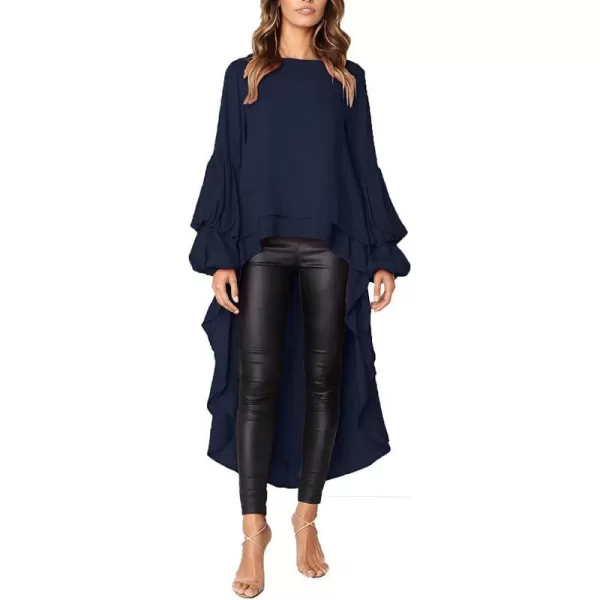 imagePRETTYGARDEN Womens Lantern Long Sleeve Round Neck High Low Asymmetrical Irregular Hem Casual Tops Blouse Shirt DressNavy