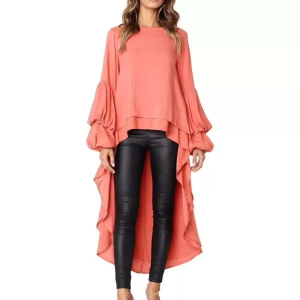 imagePRETTYGARDEN Womens Lantern Long Sleeve Round Neck High Low Asymmetrical Irregular Hem Casual Tops Blouse Shirt DressOrange