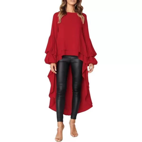 imagePRETTYGARDEN Womens Lantern Long Sleeve Round Neck High Low Asymmetrical Irregular Hem Casual Tops Blouse Shirt DressRed