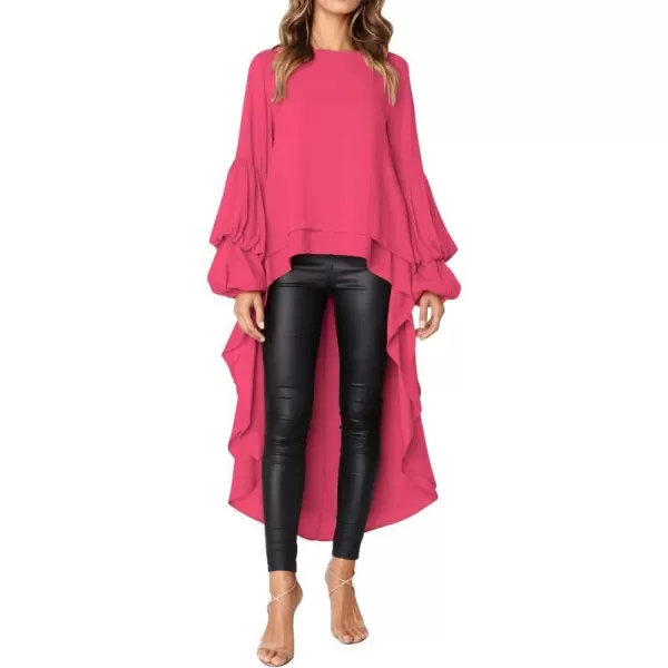 imagePRETTYGARDEN Womens Lantern Long Sleeve Round Neck High Low Asymmetrical Irregular Hem Casual Tops Blouse Shirt DressRose Red