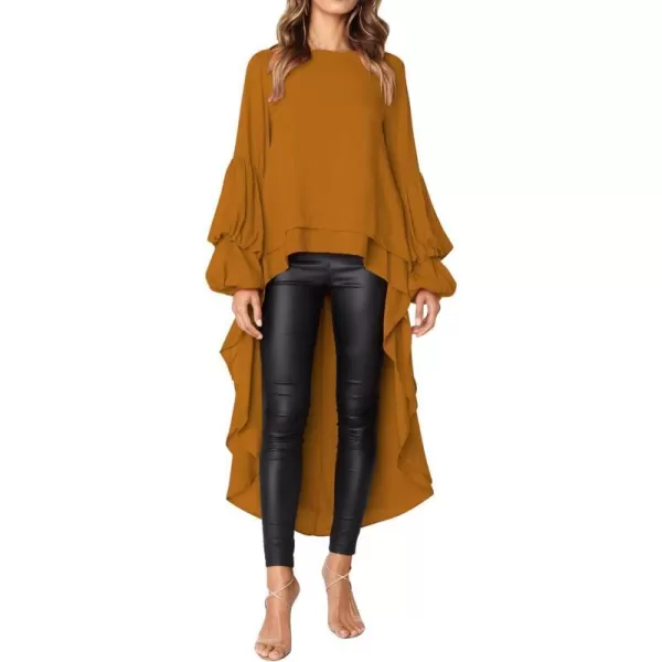 imagePRETTYGARDEN Womens Lantern Long Sleeve Round Neck High Low Asymmetrical Irregular Hem Casual Tops Blouse Shirt DressYellow