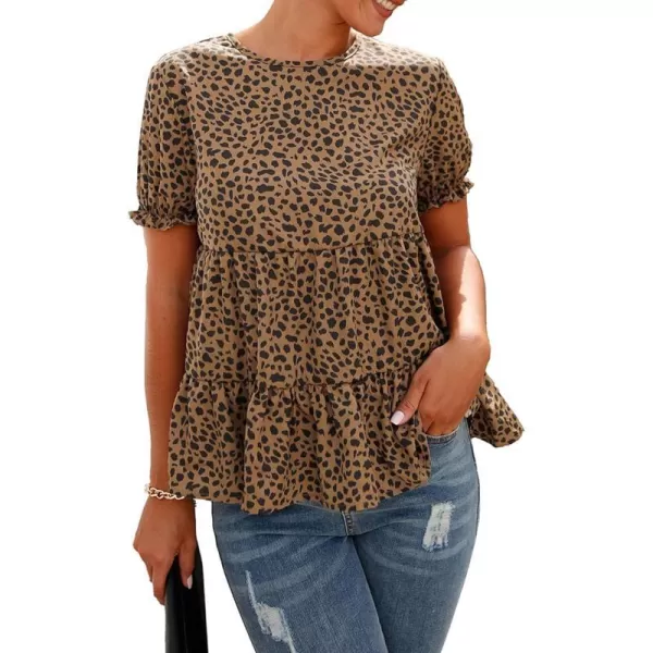 imagePRETTYGARDEN Womens Leopard Blouse Short Puff Sleeve Crewneck Babydoll Shirts Peplum Tunic TopsCoffee