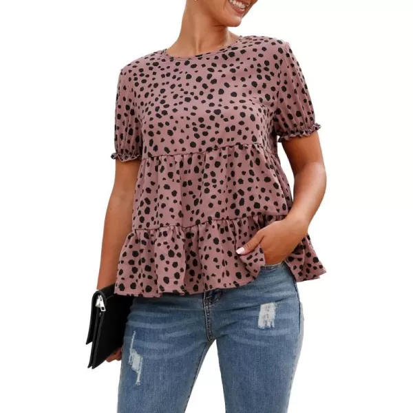 imagePRETTYGARDEN Womens Leopard Blouse Short Puff Sleeve Crewneck Babydoll Shirts Peplum Tunic TopsMauve