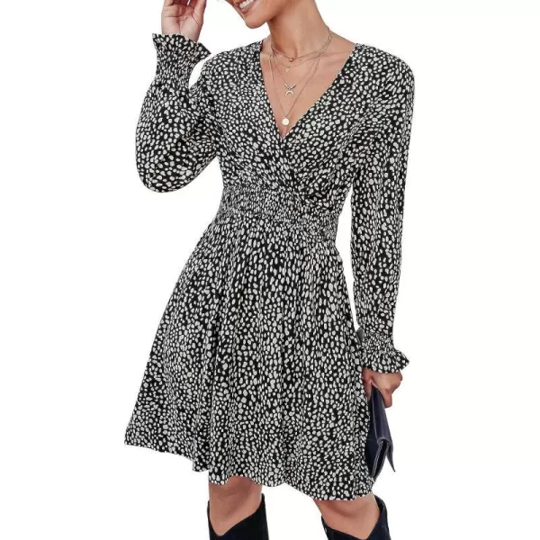 imagePRETTYGARDEN Womens Leopard Mini Dress Long Sleeve V Neck Elastic High Waist Chiffon Swing ALine DressesBlack