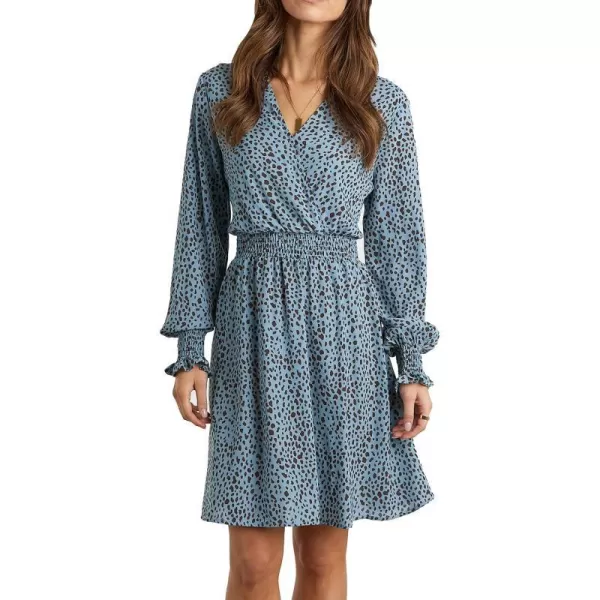 imagePRETTYGARDEN Womens Leopard Mini Dress Long Sleeve V Neck Elastic High Waist Chiffon Swing ALine DressesBlue