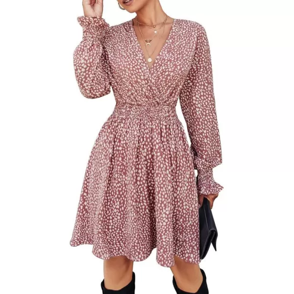 imagePRETTYGARDEN Womens Leopard Mini Dress Long Sleeve V Neck Elastic High Waist Chiffon Swing ALine DressesPink