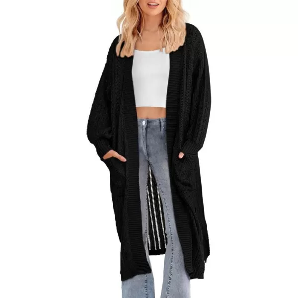 imagePRETTYGARDEN Womens Long Cardigan Sweaters Casual Lantern Sleeve Open Front Side Slit Cable Knit Coat OuterwearBlack