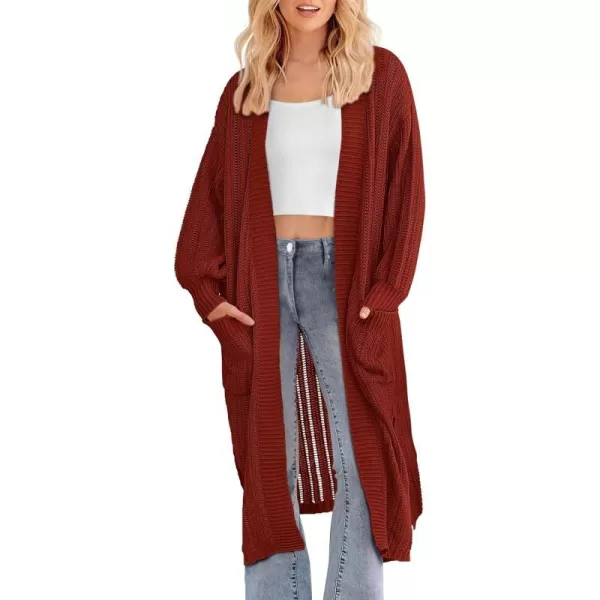 imagePRETTYGARDEN Womens Long Cardigan Sweaters Casual Lantern Sleeve Open Front Side Slit Cable Knit Coat OuterwearBrick Red