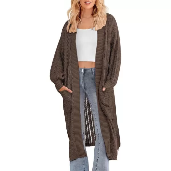 imagePRETTYGARDEN Womens Long Cardigan Sweaters Casual Lantern Sleeve Open Front Side Slit Cable Knit Coat OuterwearDark Khaki