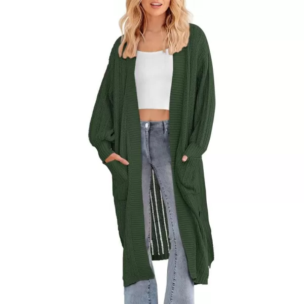 imagePRETTYGARDEN Womens Long Cardigan Sweaters Casual Lantern Sleeve Open Front Side Slit Cable Knit Coat OuterwearGreen
