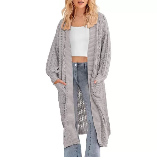 imagePRETTYGARDEN Womens Long Cardigan Sweaters Casual Lantern Sleeve Open Front Side Slit Cable Knit Coat OuterwearLight Grey