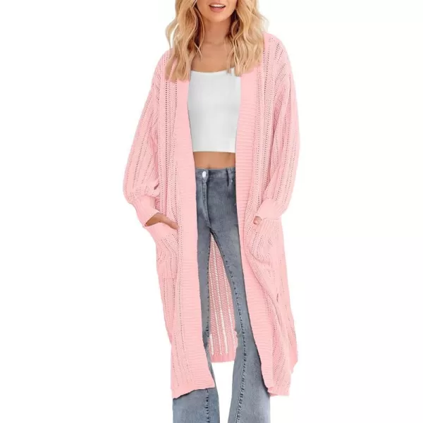 imagePRETTYGARDEN Womens Long Cardigan Sweaters Casual Lantern Sleeve Open Front Side Slit Cable Knit Coat OuterwearLight Pink