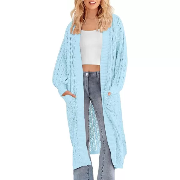 imagePRETTYGARDEN Womens Long Cardigan Sweaters Casual Lantern Sleeve Open Front Side Slit Cable Knit Coat OuterwearSky Blue