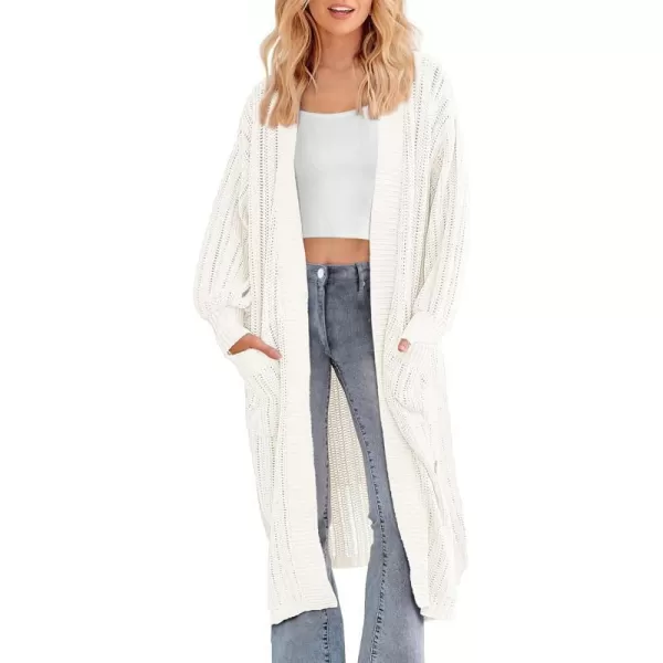 imagePRETTYGARDEN Womens Long Cardigan Sweaters Casual Lantern Sleeve Open Front Side Slit Cable Knit Coat OuterwearWhite