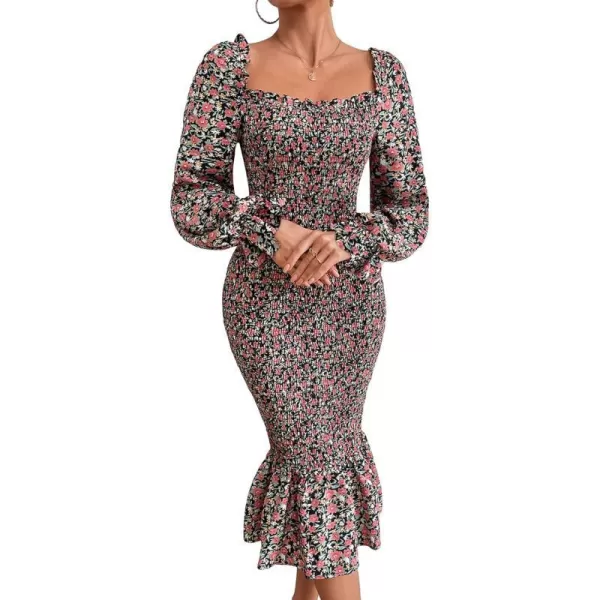 imagePRETTYGARDEN Womens Long Puff Sleeve Floral Midi Bodycon Dresses Square Neck Ruffle Mermaid Smocked DressBlack Orange