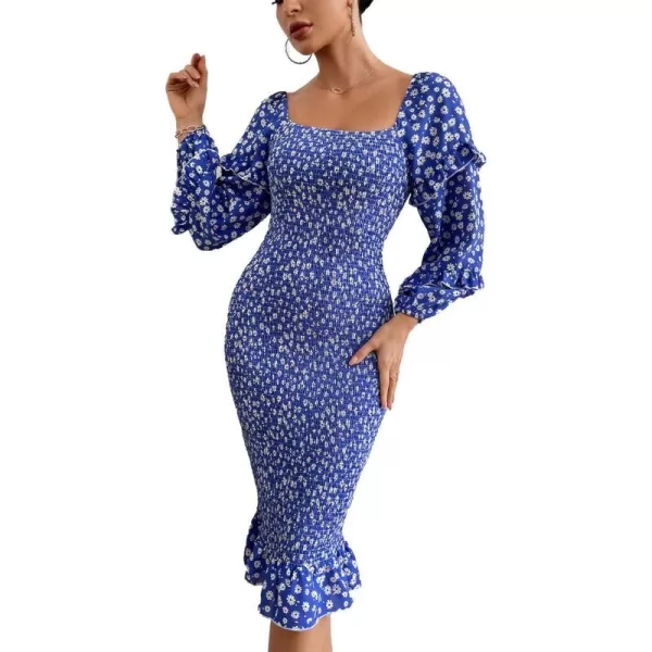 imagePRETTYGARDEN Womens Long Puff Sleeve Floral Midi Bodycon Dresses Square Neck Ruffle Mermaid Smocked DressBlue White