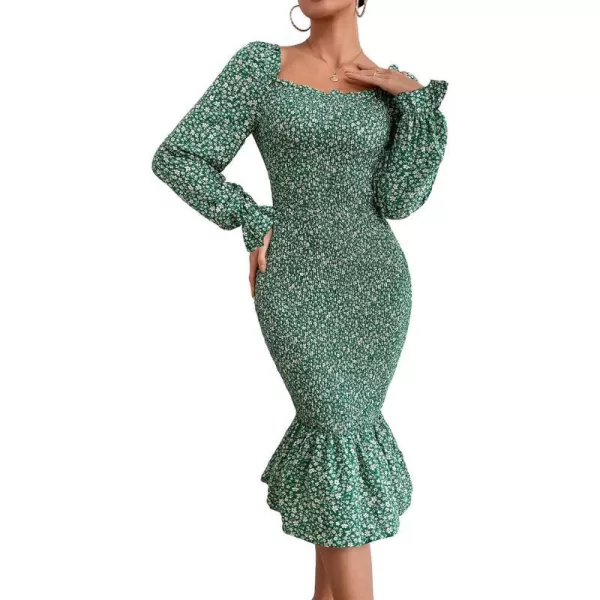 imagePRETTYGARDEN Womens Long Puff Sleeve Floral Midi Bodycon Dresses Square Neck Ruffle Mermaid Smocked DressGreen