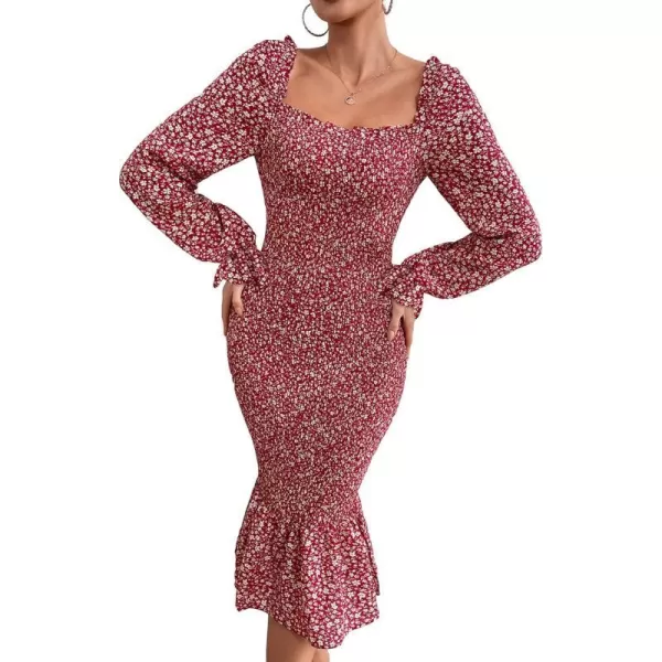 imagePRETTYGARDEN Womens Long Puff Sleeve Floral Midi Bodycon Dresses Square Neck Ruffle Mermaid Smocked DressRed